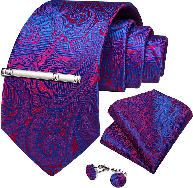 DiBanGu Paisley Ties for Men Silk Necktie and Pocket Square Cufflinks Tie Clip Set Woven Classic Mens Tie for Wedding Party - Image 3